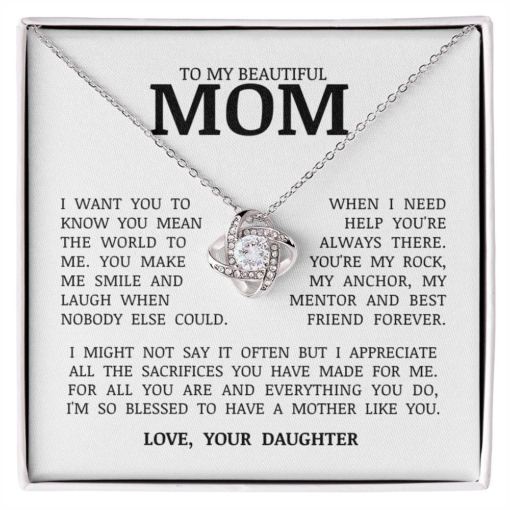 To My Beautiful Mom "You Mean The World To Me" Love Knot Necklace