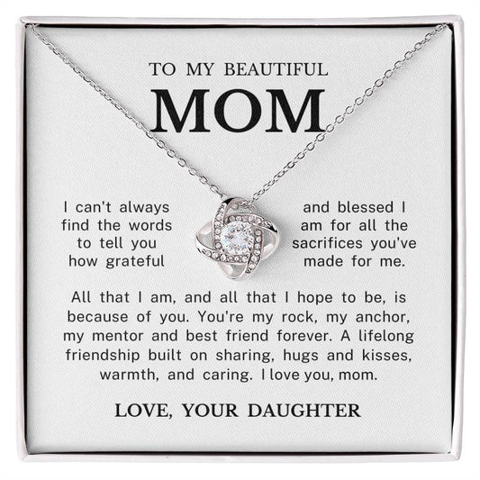 To My Beautiful Mom "I Love You" Love Knot Necklace
