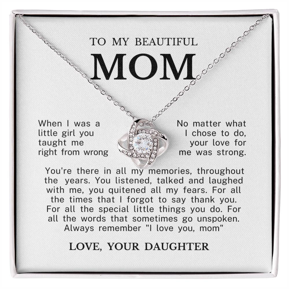 To My Beautiful Mom "Always Remember I Love You" Love Knot Necklace