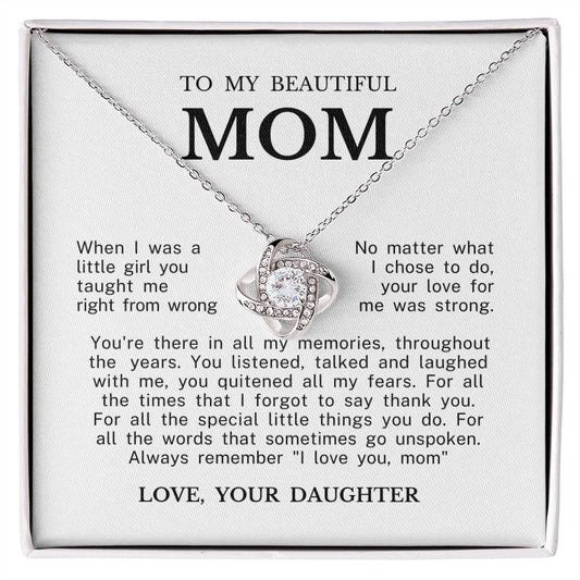 To My Beautiful Mom "Always Remember I Love You" Love Knot Necklace