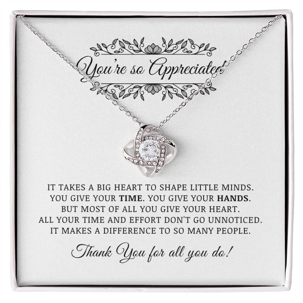 Teacher Appreciation Gift, Thank You Jewelry Gift For Pre-K Kindergarten Elementary School Daycare Teacher, Love Knot Necklace