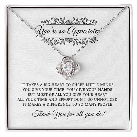 Teacher Appreciation Gift, Thank You Jewelry Gift For Pre-K Kindergarten Elementary School Daycare Teacher, Love Knot Necklace