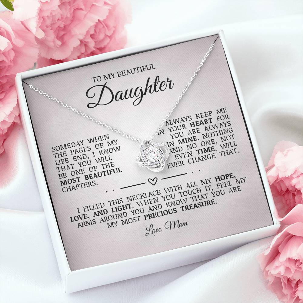To My Beautiful Daughter "Always Keep Me In Your Heart" Love Knot Necklace