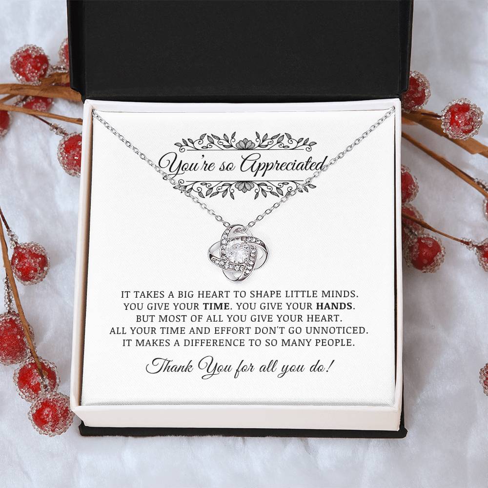 Teacher Appreciation Gift, Thank You Jewelry Gift For Pre-K Kindergarten Elementary School Daycare Teacher, Love Knot Necklace