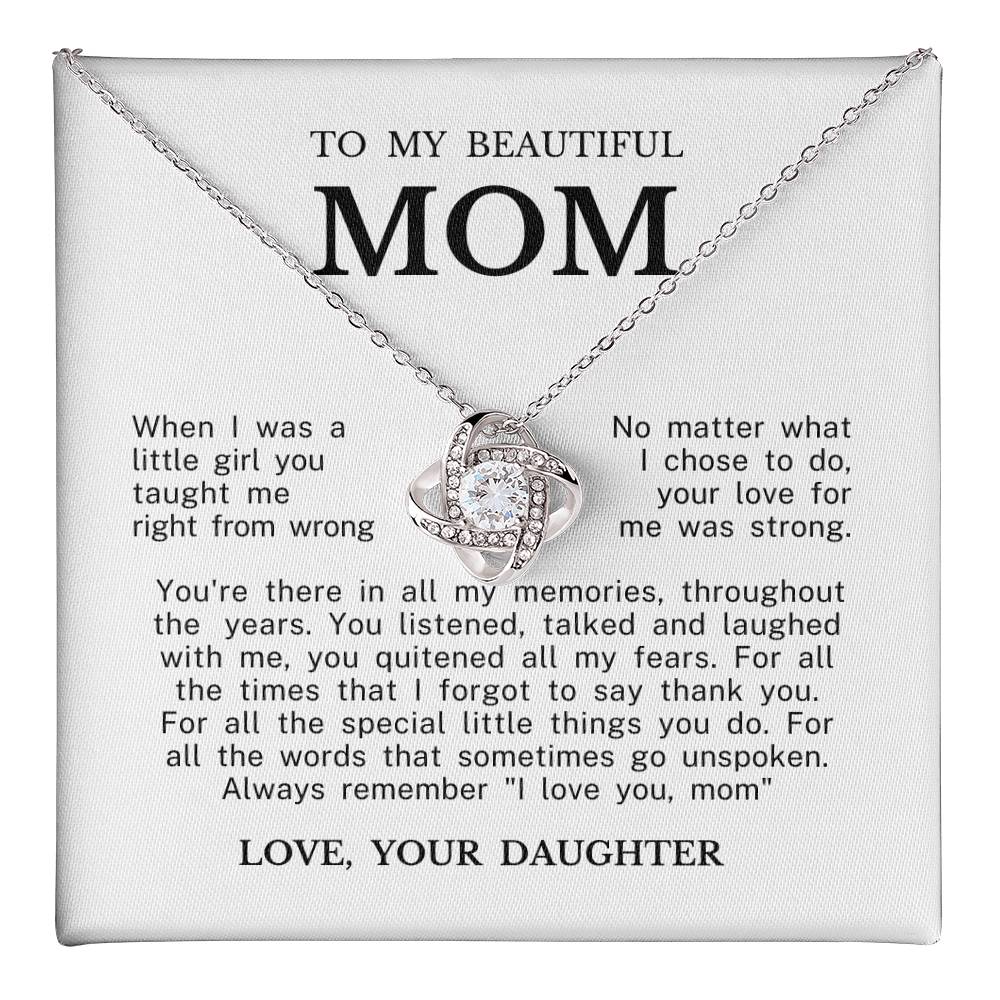 To My Beautiful Mom "Always Remember I Love You" Love Knot Necklace