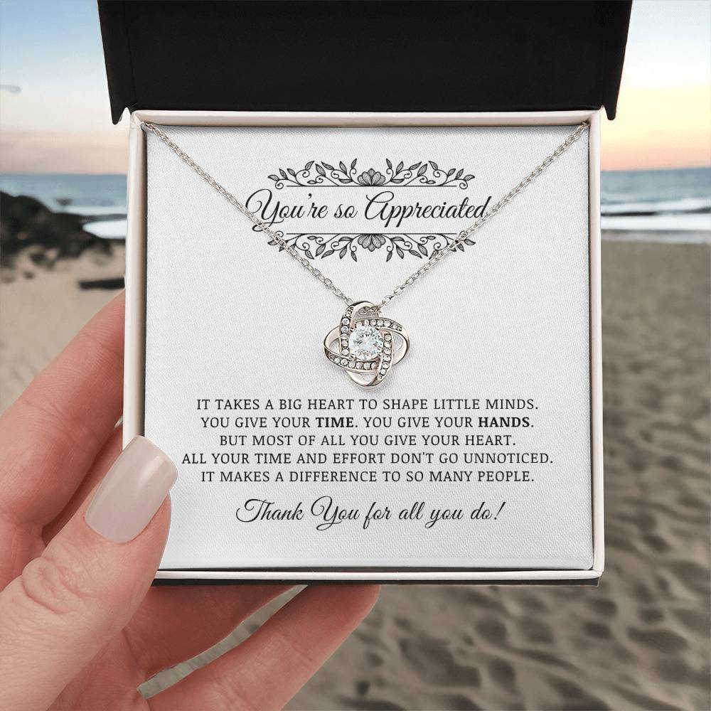 Teacher Appreciation Gift, Thank You Jewelry Gift For Pre-K Kindergarten Elementary School Daycare Teacher, Love Knot Necklace