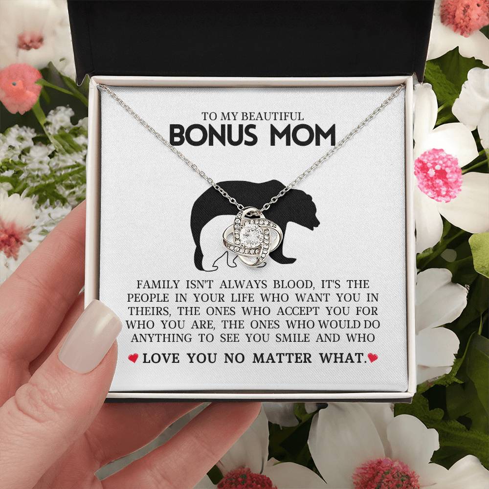To My Beautiful Bonus Mom "Love You No Matter What" Love Knot Necklace