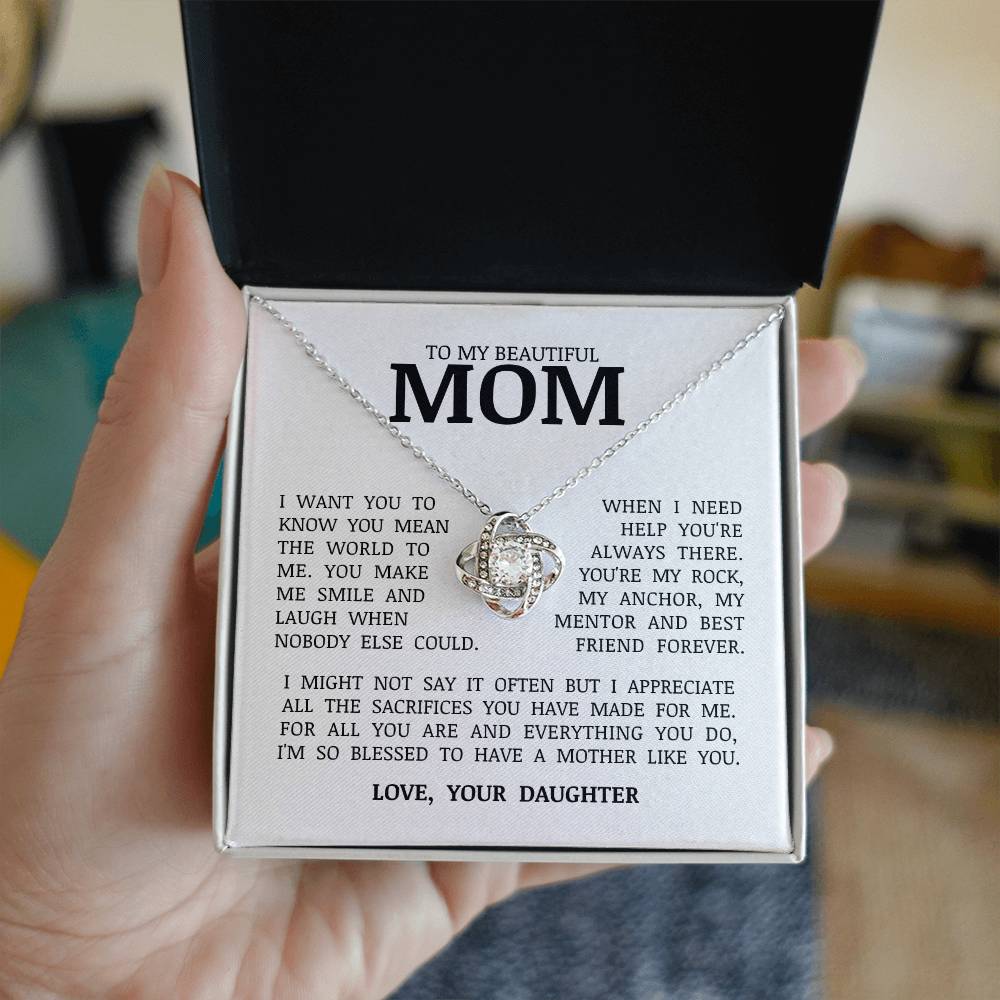 To My Beautiful Mom "You Mean The World To Me" Love Knot Necklace