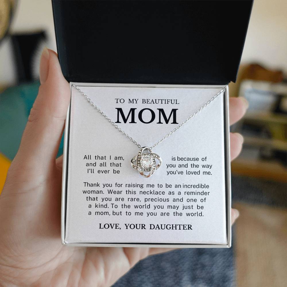 To My Beautiful Mom "You Are The World" Love Knot Necklace