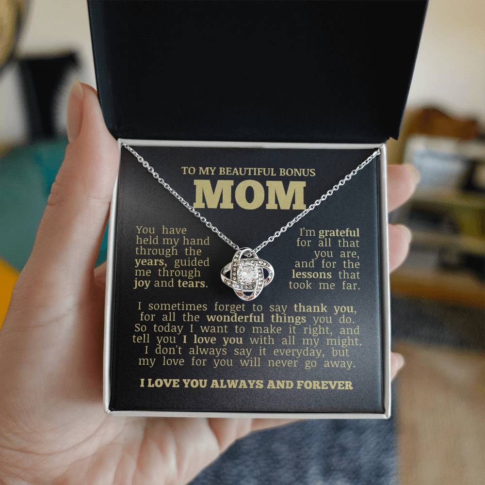 To My Beautiful Bonus Mom "Love You No Matter What" Love Knot Necklace
