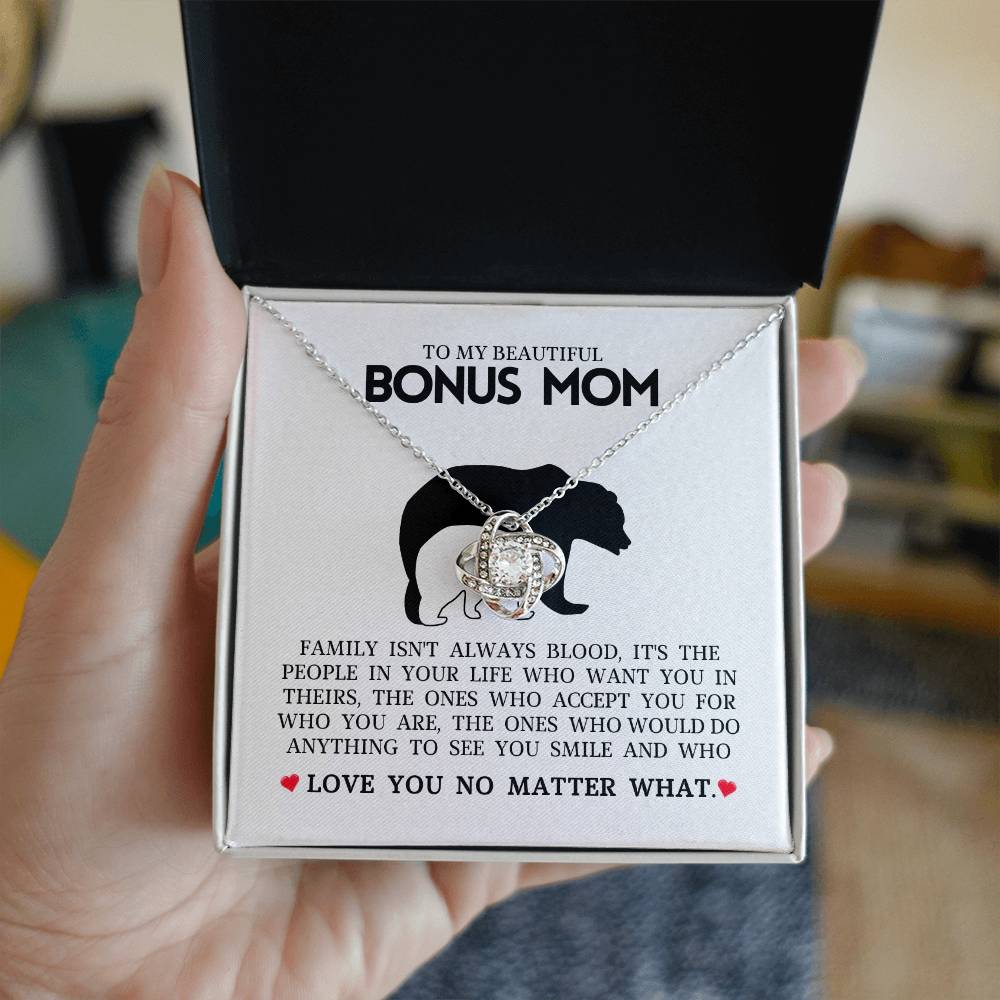 To My Beautiful Bonus Mom "Love You No Matter What" Love Knot Necklace