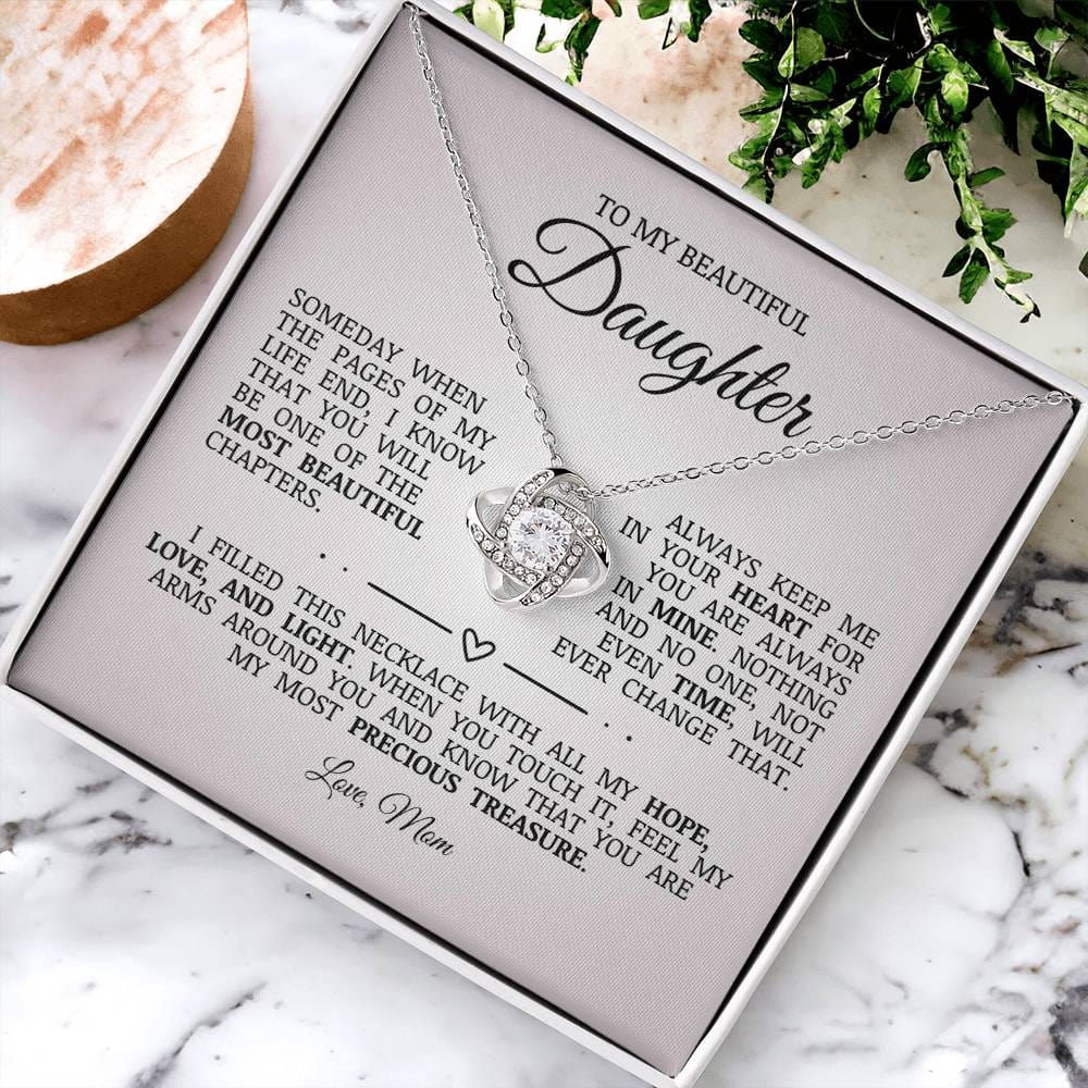 To My Beautiful Daughter "Always Keep Me In Your Heart" Love Knot Necklace