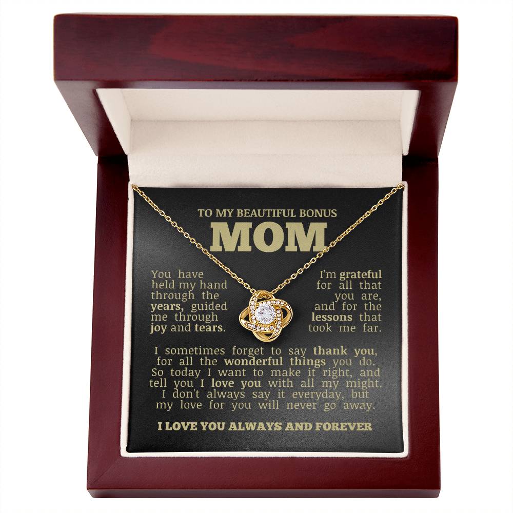 To My Beautiful Bonus Mom "Love You No Matter What" Love Knot Necklace