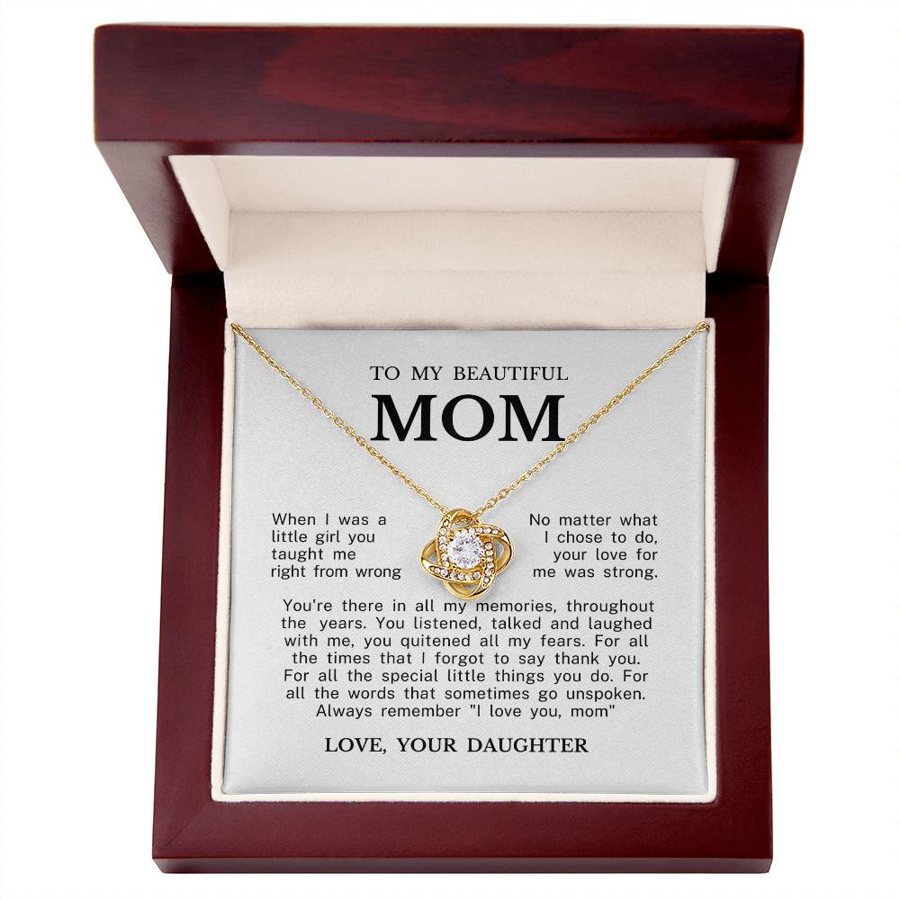To My Beautiful Mom "Always Remember I Love You" Love Knot Necklace