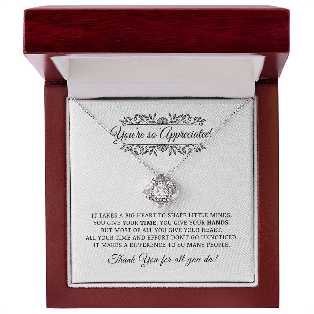Teacher Appreciation Gift, Thank You Jewelry Gift For Pre-K Kindergarten Elementary School Daycare Teacher, Love Knot Necklace