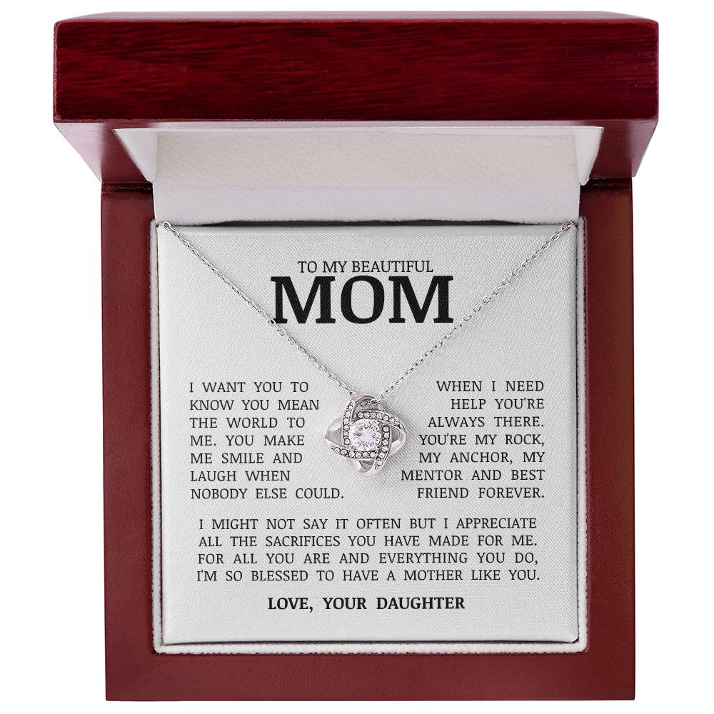 To My Beautiful Mom "You Mean The World To Me" Love Knot Necklace
