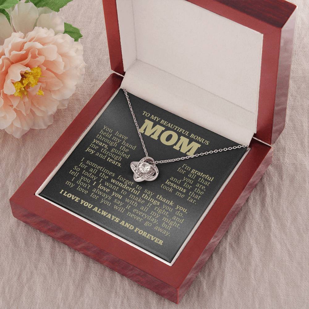 To My Beautiful Bonus Mom "Love You No Matter What" Love Knot Necklace