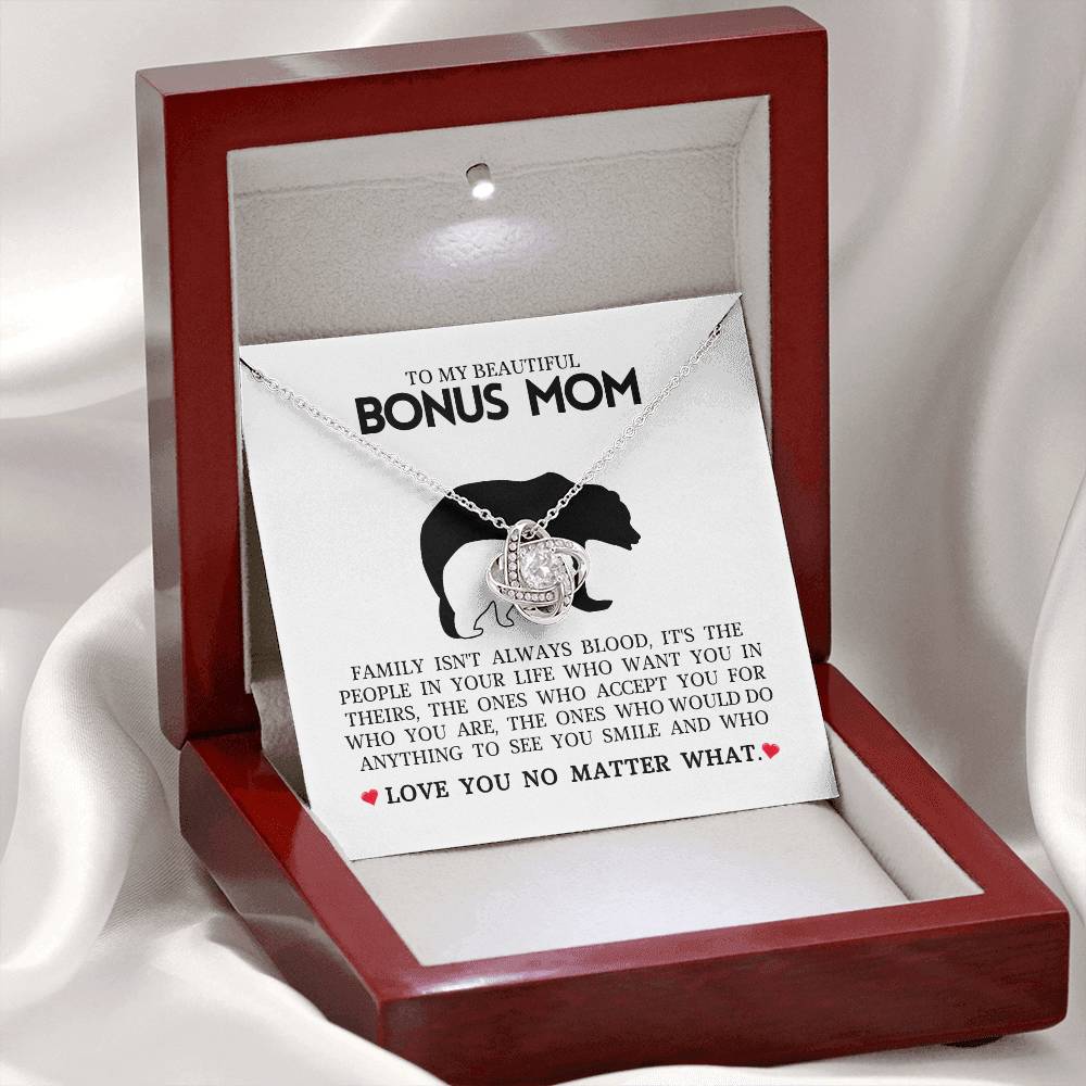 To My Beautiful Bonus Mom "Love You No Matter What" Love Knot Necklace