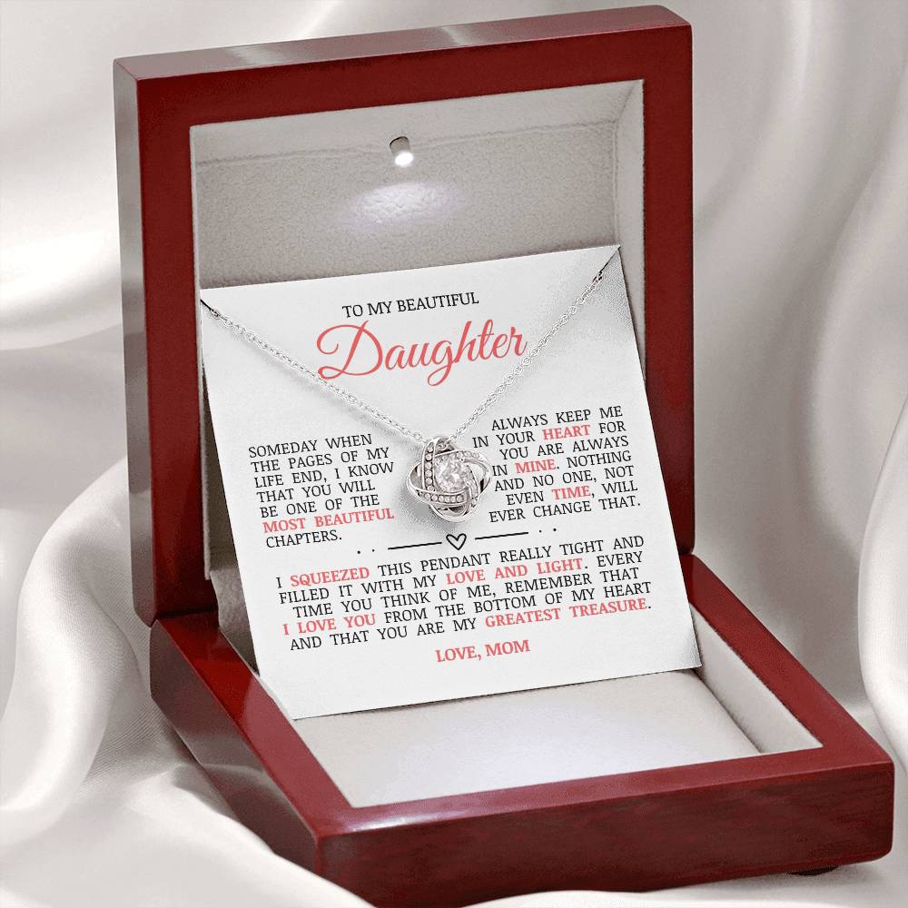 To My Beautiful Daughter "Always Keep Me In Your Heart" Love Knot Necklace