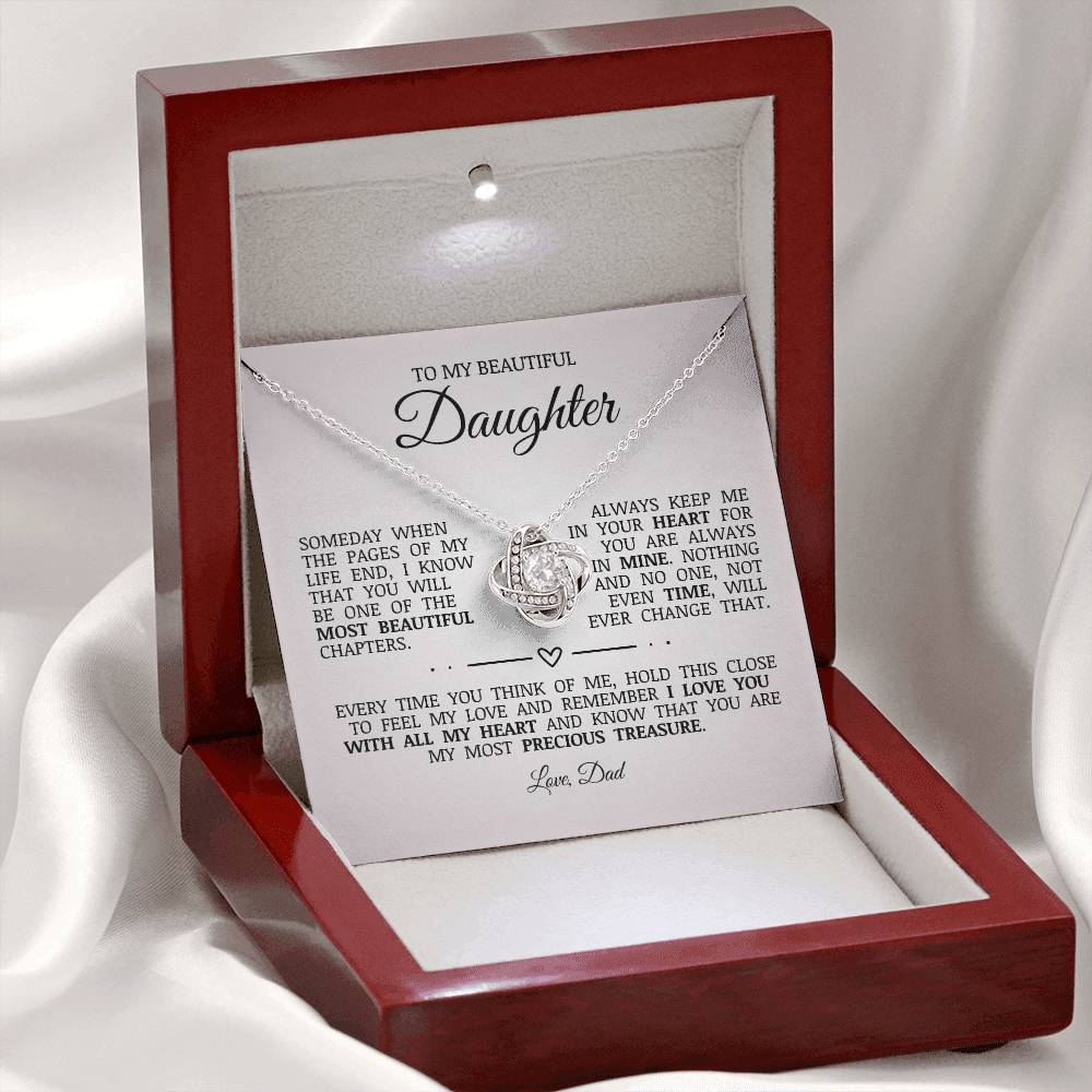 To My Beautiful Daughter "Always Keep Me In Your Heart" Love Knot Necklace