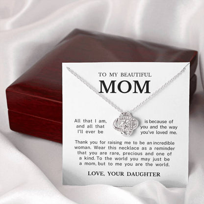 To My Beautiful Mom "You Are The World" Love Knot Necklace