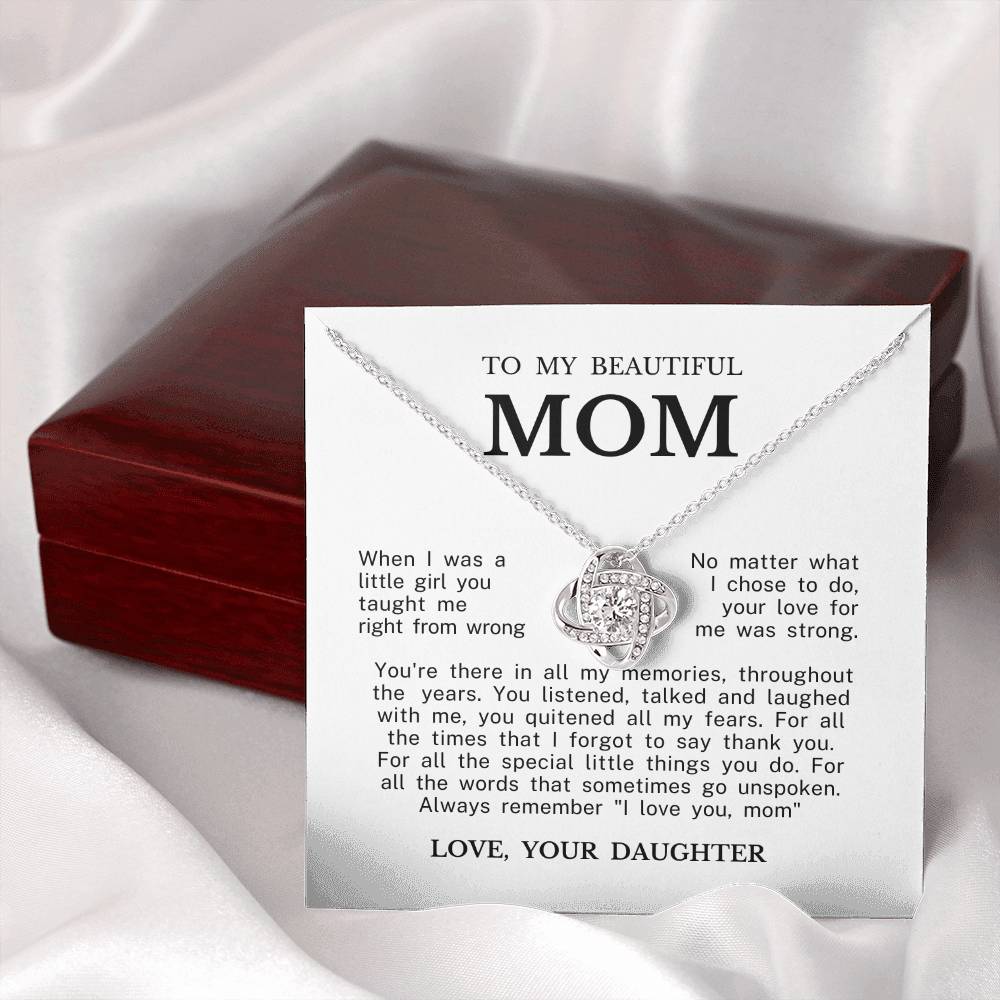To My Beautiful Mom "Always Remember I Love You" Love Knot Necklace
