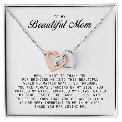 To my Beautiful Mom, Interlocking Hearts Necklace, Mother's Day Gift