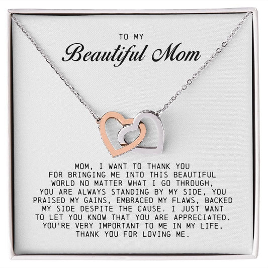 To my Beautiful Mom, Interlocking Hearts Necklace, Mother's Day Gift