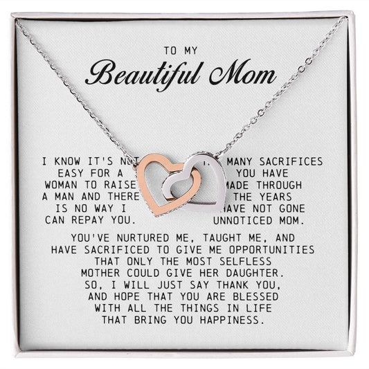 To my Beautiful Mom, Interlocking Hearts Necklace, Mother's Day Gift