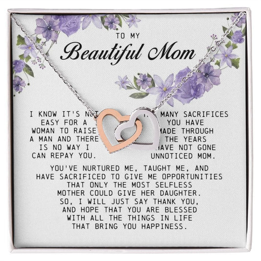 To my Beautiful Mom, Interlocking Hearts Necklace, Mother's Day Gift