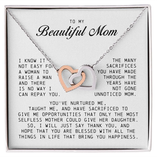 To my Beautiful Mom, Interlocking Hearts Necklace, Mother's Day Gift
