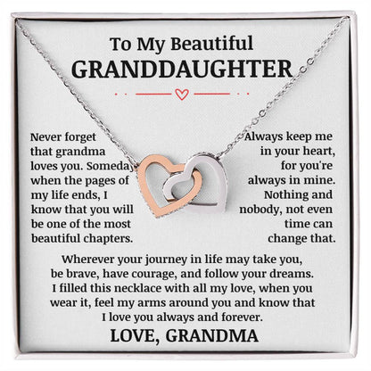 To My Beautiful Granddaughter "Never Forget That Grandma Loves You" Interlocking Heart Necklace