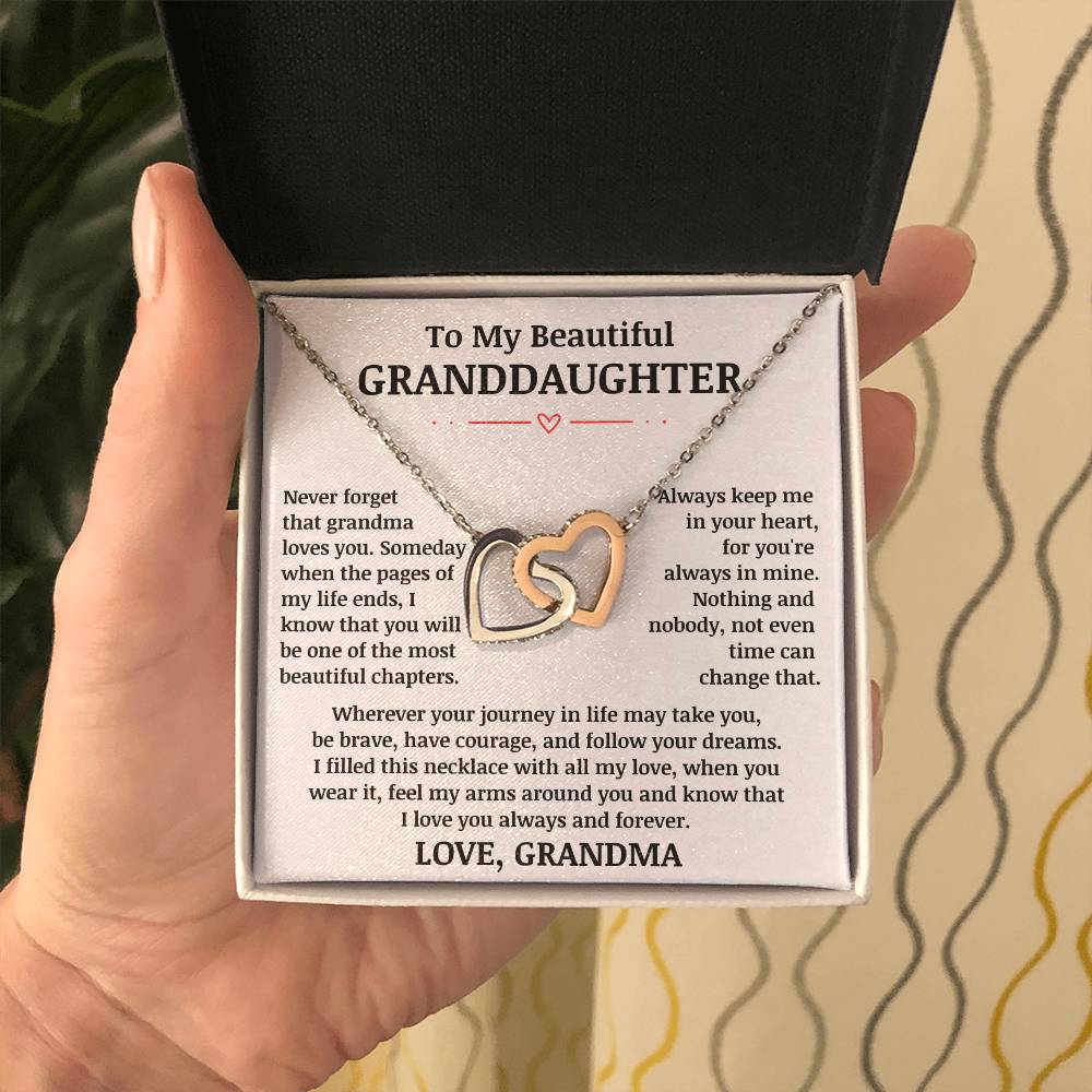 To My Beautiful Granddaughter "Never Forget That Grandma Loves You" Interlocking Heart Necklace