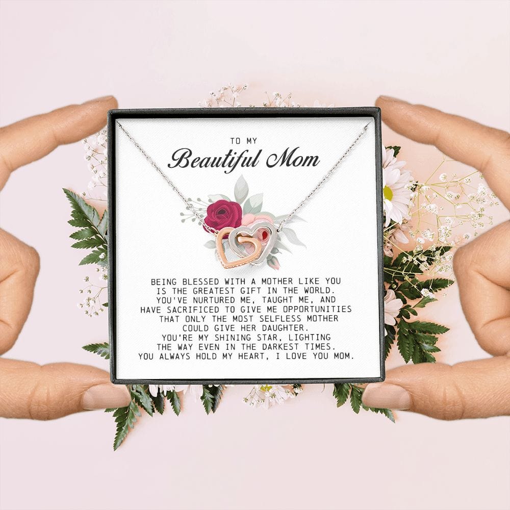To my Beautiful Mom, Interlocking Hearts Necklace, Mother's Day Gift