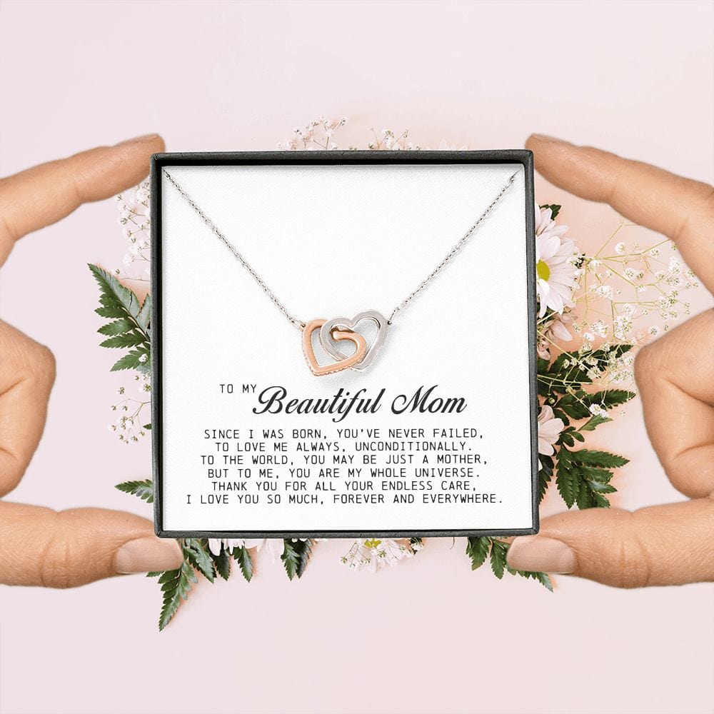 To my Beautiful Mom, Interlocking Hearts Necklace, Mother's Day Gift