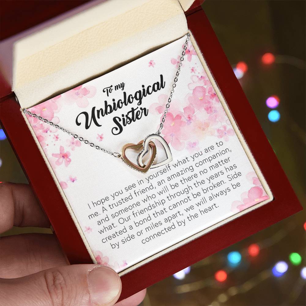 To My Unbiological Sister, Interlocking Hearts Necklace