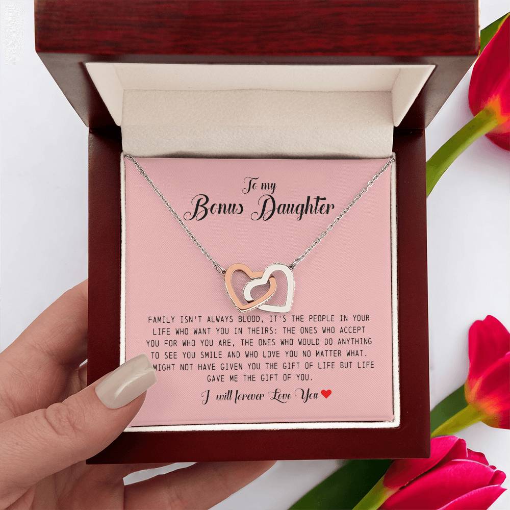 To My Bonus Daughter, Interlocking Heart Necklace