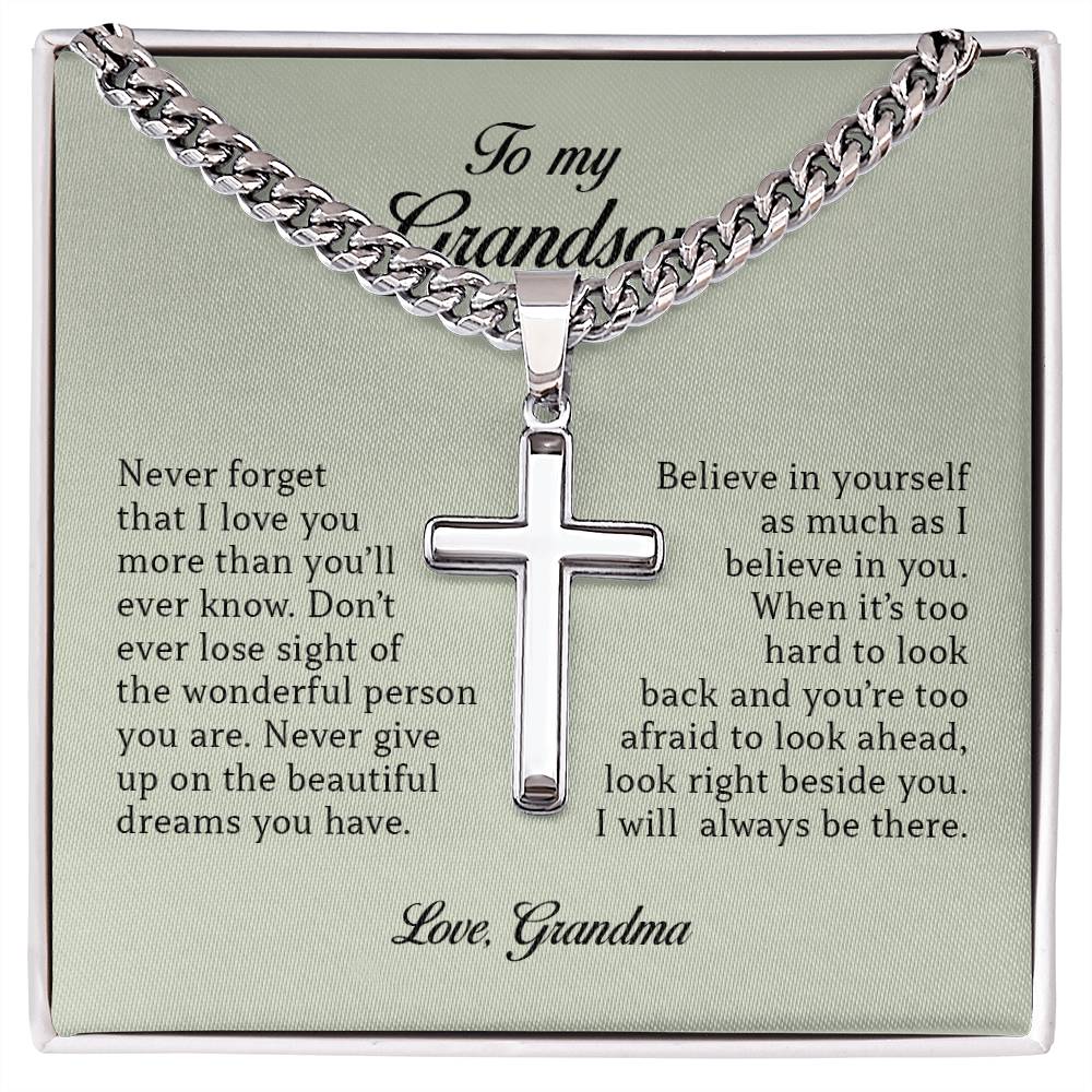 To My Grandson "Never Forget That I Love You" Cuban Chain Cross Necklace