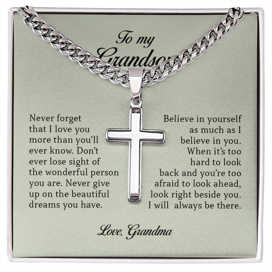 To My Grandson "Never Forget That I Love You" Cuban Chain Cross Necklace