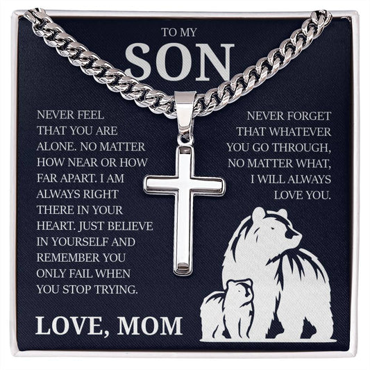 To My Son "I Will Always Love You" Cuban Chain with Cross Necklace
