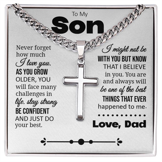 To My Son "Never Forget How Much I Love You" Cuban Chain with Cross Necklace