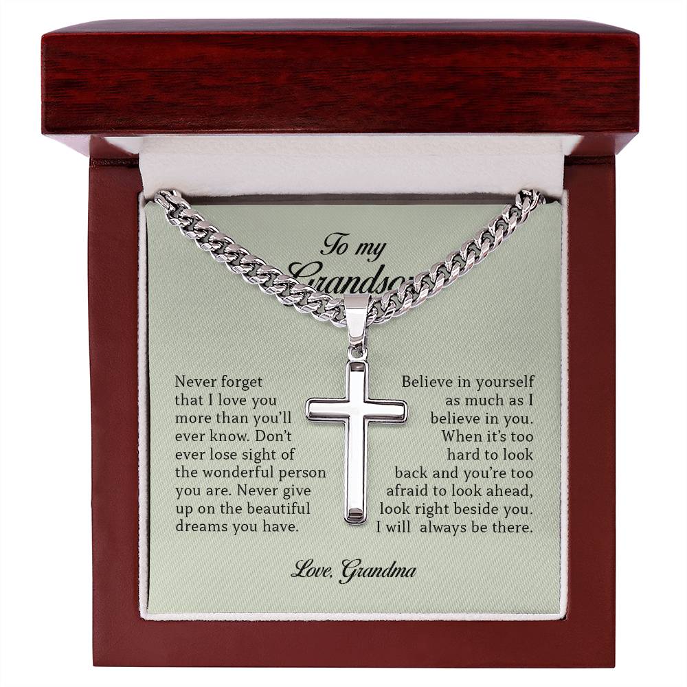 To My Grandson "Never Forget That I Love You" Cuban Chain Cross Necklace
