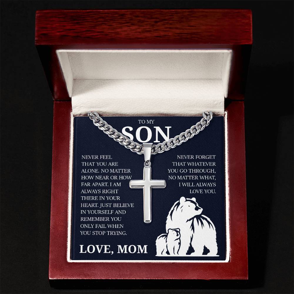 To My Son "I Will Always Love You" Cuban Chain with Cross Necklace
