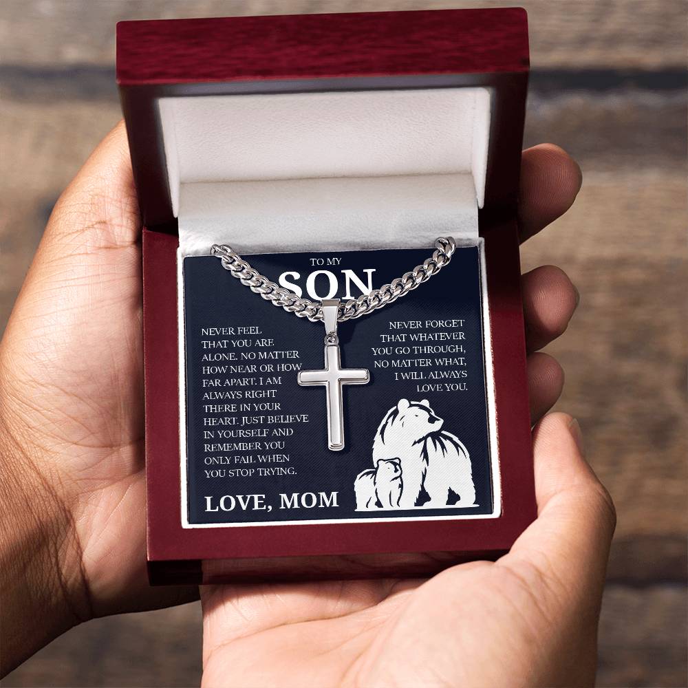 To My Son "I Will Always Love You" Cuban Chain with Cross Necklace