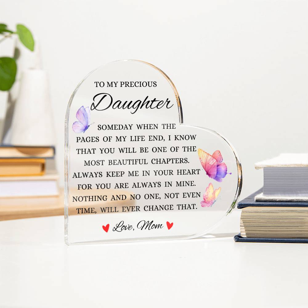 To My Precious Daughter "Always Keep Me In Your Heart" Heart Shaped Acrylic Plaque