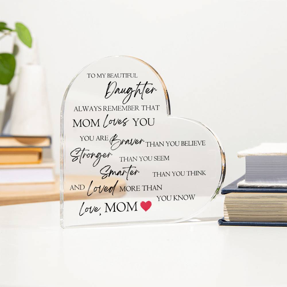 To My Daughter "Always Remember That Mom Loves You" Heart Shaped Acrylic Plaque