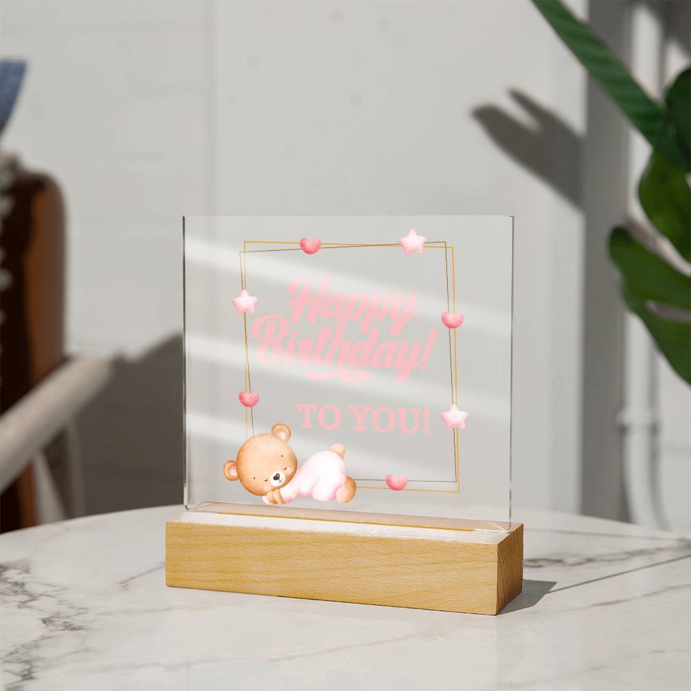Happy Birthday Gift, Acrylic Square Plaque, Teddy Bear Designed Gift, Unique Birthday Christmas Gift Idea, Wooden Base or LED Base, Cute Presents for Her
