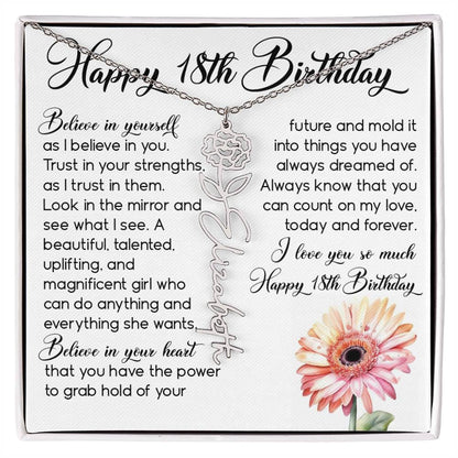 18th Birthday Gift, Custom Birth Month Name Flower Necklace