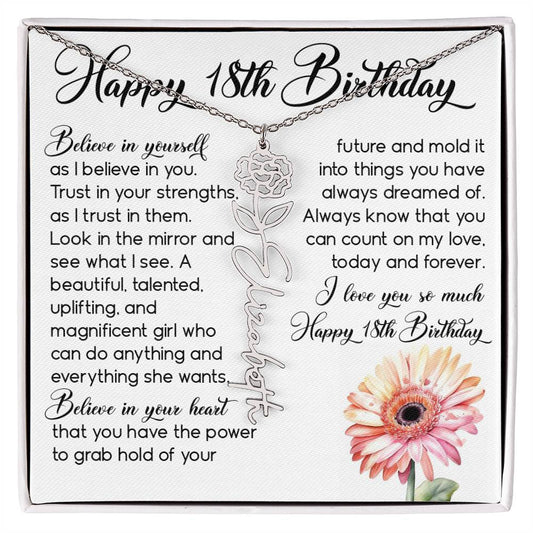 18th Birthday Gift, Custom Birth Month Name Flower Necklace