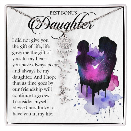 Bonus Daughter Gift, Custom Birth Month Name Flower Necklace